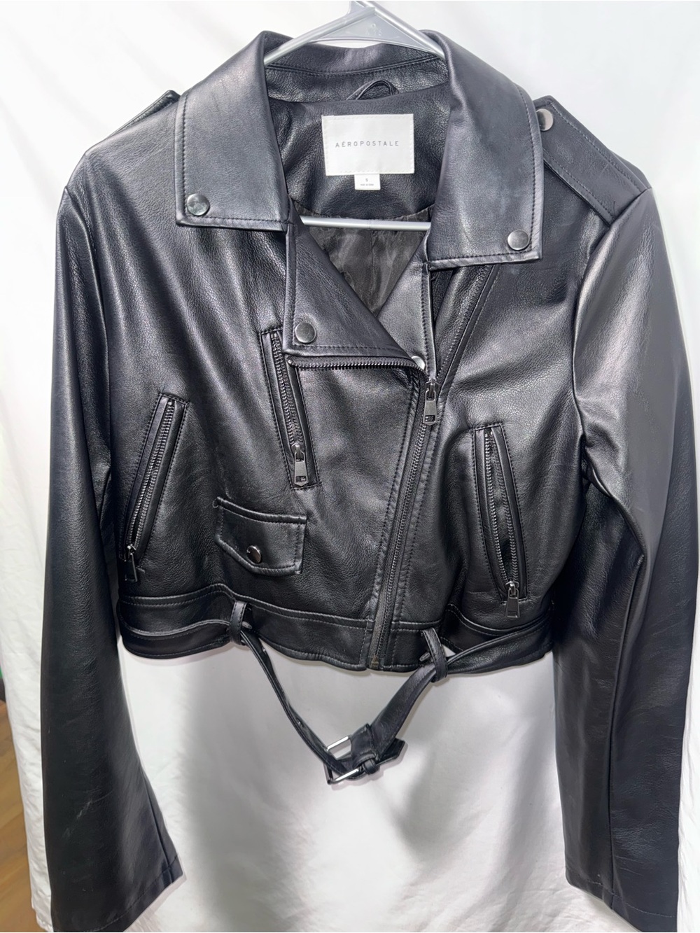 Aeropostale Women's Black Faux Leather Biker Jacket with Belt
